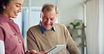 Nurse, tablet and happy senior man for healthcare, help or support in consultation. Tech, caregiver and patient in conversation for rehabilitation, medical care or test results on app in nursing home