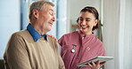 Nurse, tablet and senior man for caregiver, help or support in consultation. Tech, healthcare and happy patient in conversation for rehabilitation, medical care or test results on app in nursing home