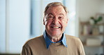 Happy, home and face of elderly man for relaxing, confidence and rest in morning. Retirement, pensioner and portrait of senior person with smile for resting, calm and satisfaction in living room