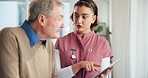 Nurse, tablet and senior man for discussion, help or support in consultation. Tech, healthcare and patient in conversation for rehabilitation, medical care or test results on app in nursing home
