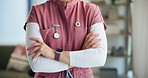 Person, hands or nurse with arms crossed in healthcare for therapy, trust or confidence in nursing home. Therapist, woman or body of psychologist in clinic for medical support or  in caregiver office