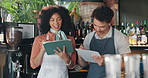 Barista, tablet and people in coffee shop talking for planning, discussion and ideas for menu. Small business, restaurant and man and woman on digital tech for inventory, meeting and online orders