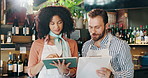 Tablet, team and talk with people in cafe for inventory checklist, restaurant review and small business update. Customer experience, critic and menu rating with man and woman in coffee shop for app