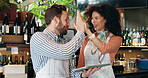 Tablet, team and high five with people in cafe for inventory checklist, restaurant management and small business. Customer experience, celebration and menu rating with man, woman and coffee shop
