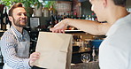 Cafe, men and smile for delivery, package and waiter with tablet for online order or customer service. Coffee shop, barista and people with takeaway for ecommerce, happy or thumbs up for distribution