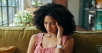 Home, headache and woman on sofa, pain and stress with pressure in living room. Apartment, girl and person on couch, migraine and sick with health risk, emergency and tension with burnout in lounge