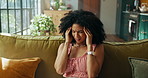 Home, headache and woman on couch, stress and emergency with pressure in living room. Apartment, girl and person on sofa, migraine and sick with health risk, pain and tension with burnout in lounge