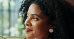 Happy, thinking and face of African woman in home with ideas, inspiration and daydreaming. House, morning and person relax in living room with daydreaming, planning day and reflection on weekend