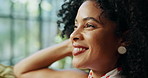 Happy, thinking and woman in home relax with ideas, inspiration and daydreaming on sofa. House, morning and African person in living room with daydreaming, planning day and reflection on weekend