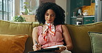 Woman, writing and diary on sofa, smile or planning for goals, dream and notes in living room. African person, notebook and journal with perspective, checklist and happy with ideas in lounge at house