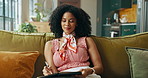 Happy, creative and woman with notebook, lounge and inspiration for novel in home, writer and relax. Thinking, author and person with journal for story, plan and writing ideas in living room or house