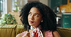 Woman, thinking and diary on sofa, smile or planning for goals, dream or notes in living room. African person, notebook and journal with perspective, checklist and happy with ideas in lounge at house