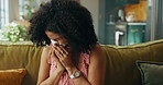 Woman, sneeze and tissue on couch in home, sick and sinusitis with flu, allergy and rest in living room. African person, cleaning nose and nasal inflammation with cold, mucus or hygiene at apartment