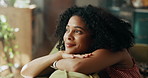 Happy, thinking and woman relax on sofa with ideas, inspiration and daydreaming in home. House, morning and African person in living room with daydreaming, planning day and reflection on weekend