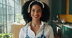 African woman, face and smile in home, morning and kitchen with pride, confidence and afro. Person, happy and trendy with style, excited and start day by window in portrait at apartment in Kenya