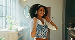 Headphones, music and woman dance in kitchen, streaming sound or playlist subscription for celebration. Home, audio and African person moving with energy to favorite song, radio or happy for freedom