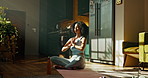 Yoga, meditation and woman on mat in home for wellness, health and balance on floor. House, morning and person for stretching, pilates and mindfulness for calm exercise, peace and spiritual awareness