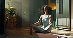 Morning, meditation and woman breathe in home for wellness, health and balance on mat. House, yoga and person for stretching, pilates and mindfulness for calm exercise, peace and spiritual awareness