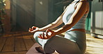 Yoga, meditation and hands of woman in home for wellness, health and balance. House, morning and person for lotus pose, pilates and mindfulness for calm exercise, peace and spiritual awareness