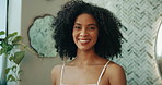 Face, beauty and happy woman in bathroom for skincare, glow and dermatology for morning routine at home. Portrait, cosmetics and African person with aesthetic, wellness and health with facial shine