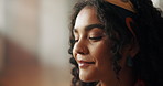 Remember, woman and smile with thinking in home for reflection, happy memory and daydreaming. Nostalgia, wonder and face of thoughtful girl with inspiration, peaceful perspective or decision in house