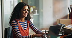 Happy woman, fashion and typing on laptop for small business, website idea or planning logistics. Entrepreneur, clothes designer and smile at tech for email, startup management or export schedule