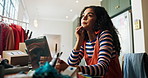 Woman, thinking and laptop in small business for fashion, website idea or planning logistics. Entrepreneur, clothes designer and typing on tech for email, startup management or distribution schedule