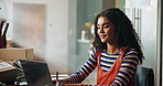 Woman, fashion and typing on laptop for small business, website idea or planning logistics. Entrepreneur, clothes designer and smile at tech for good review, startup management or export schedule