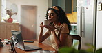 Tea, peace or calm woman in home on break for blowing cup, remote work or satisfaction. Freelancer, laptop or female person drinking warm caffeine beverage, cappuccino or coffee for ideas inspiration