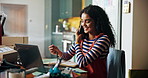 Woman, fashion or phone call for delivery, courier service or logistics with e commerce inventory. Clothes designer, order or seller talking with mobile or laptop for customer support, trade or sales