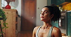 Woman, calm and yoga in home for meditation, breathing exercise and wellness in morning. Fitness girl, zen and mindfulness in lounge for stress management, spiritual healing and peace to align chakra