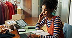 Delivery, tired or woman on laptop with stress for small business, website orders or planning logistics. Entrepreneur, clothes designer or crisis with ecommerce review, mistake or schedule disaster