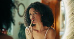 Bathroom, mirror and woman with toothbrush for dental, oral care and teeth whitening with morning routine. Home, female person and reflection with bamboo for mouth treatment, hygiene and gum wellness