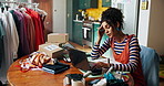 Courier, tired or woman on laptop with stress for small business, website orders or delivery logistics. Entrepreneur, fashion designer or crisis with ecommerce review, mistake or schedule disaster