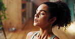 Girl, peace and yoga in home for meditation, breathing exercise and wellness in morning. Fitness woman, zen and mindfulness in lounge for stress management, spiritual healing and calm to align chakra