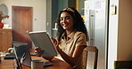 Laptop, happy and university student with tablet in home for study break, social media scroll and internet meme. Gen z girl, laughing and digital tech for elearning, app notifications or online news