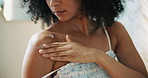 Body cream, skincare and woman in house with cosmetics, sunscreen glow and organic hydration. Smooth texture, hand and shoulder of female person with moisturizer, beauty lotion and grooming routine