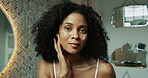 Bathroom, face and woman with cream for skincare, wellness and apply for morning routine at home. Happiness, dermatology and female person in house with cosmetics treatment, hygiene and moisturizer