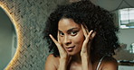 Woman, face and beauty in bathroom mirror, reflection and check for results with dermatology. Person, skincare and glow with natural makeup, cosmetics and transformation at apartment in Costa Rica
