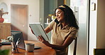 Woman, phone call and tablet in kitchen for remote work, communication or publisher contact. Journalist, laptop or schedule on tech for creative writing, book review and planning release date in home