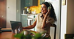 Remote work, happy and woman on laptop with headphones listening to radio, audio and music. Working from home, freelancer and person relax on computer for internet, website and research for project