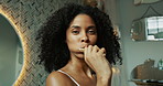Woman, face and brushing teeth by bathroom mirror, dancing or reflection with wink in home. Person, oral wellness and self care with wooden toothbrush for sustainability with dental hygiene in Brazil