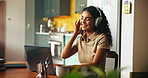 Remote work, student and girl on laptop with headphones listening to radio, audio and music. Happy, relax and woman on computer for online learning, education and digital course for university