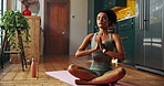Woman, peace and prayer hands in home for yoga, wellness or meditation for spiritual healing. Girl, namaste or position in living room for pilates, zen and calm to align chakra with asana for posture