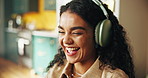 Home, smile and woman with headphones, funny and happiness in living room. Apartment, relax and person with headset, audio and sound with break, radio and listening to music with positive mindset