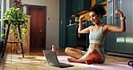 Yoga, influencer and woman with laptop in home for workout videos, online tutorial and lesson. Content creator, trainer and person on computer wave for fitness, exercise and pilates subscription