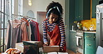 Woman, phone call and order for small business, clothes and creative fashion boutique startup with sales. Designer, owner and distribution for online store, retail service and ecommerce delivery