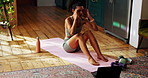 Woman, sit ups and exercise on floor, home and strong with training, laptop and online course in kitchen. Girl, workout and fitness with bodybuilding, abdomen muscle and pc in morning at apartment