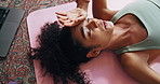 Breathe, yoga and above of woman tired from workout, exercise and training for health in home. Sweat, wellness and person for rest, recovery and fatigue for pilates, challenge and fitness routine