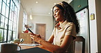 Laptop, university student and typing with phone in home for elearning break, social media scroll and laughing. Gen z girl, happy and smartphone for internet research, app notifications or connection